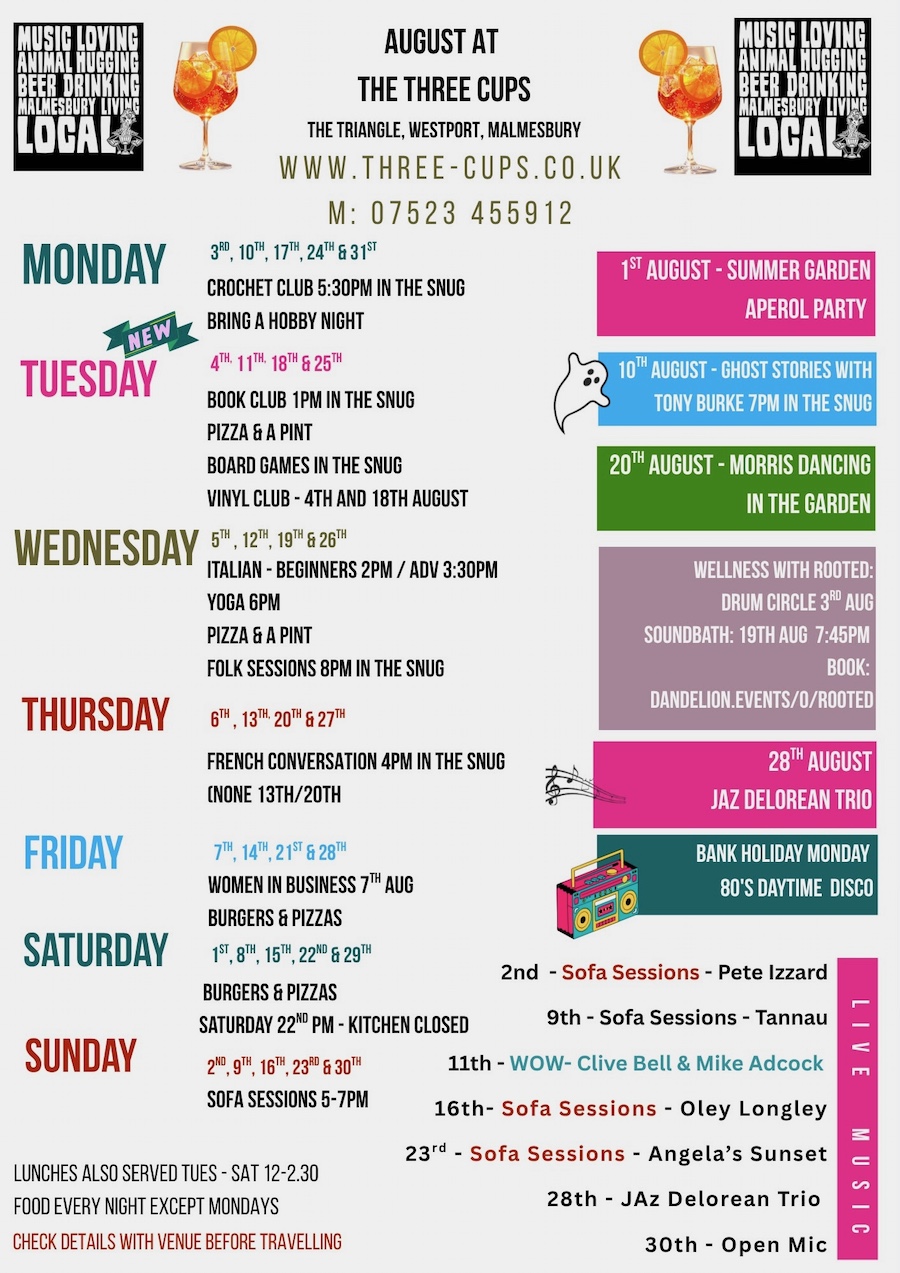 Events Listing at The Three Cups, Malmesbury, Wiltshire