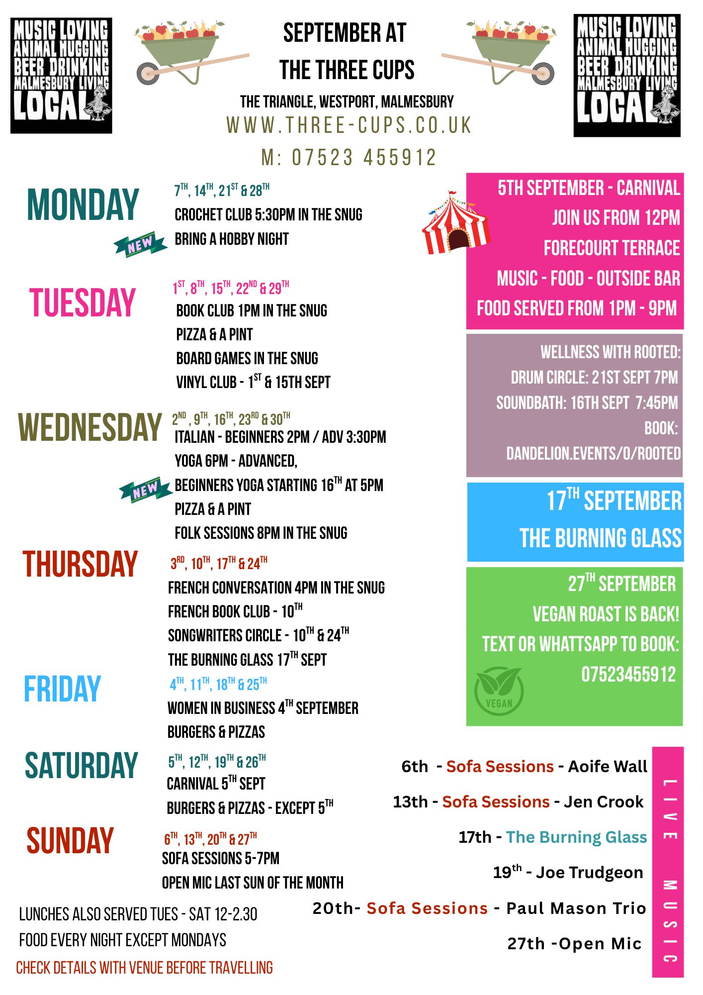 Events Listing at The Three Cups, Malmesbury, Wiltshire
